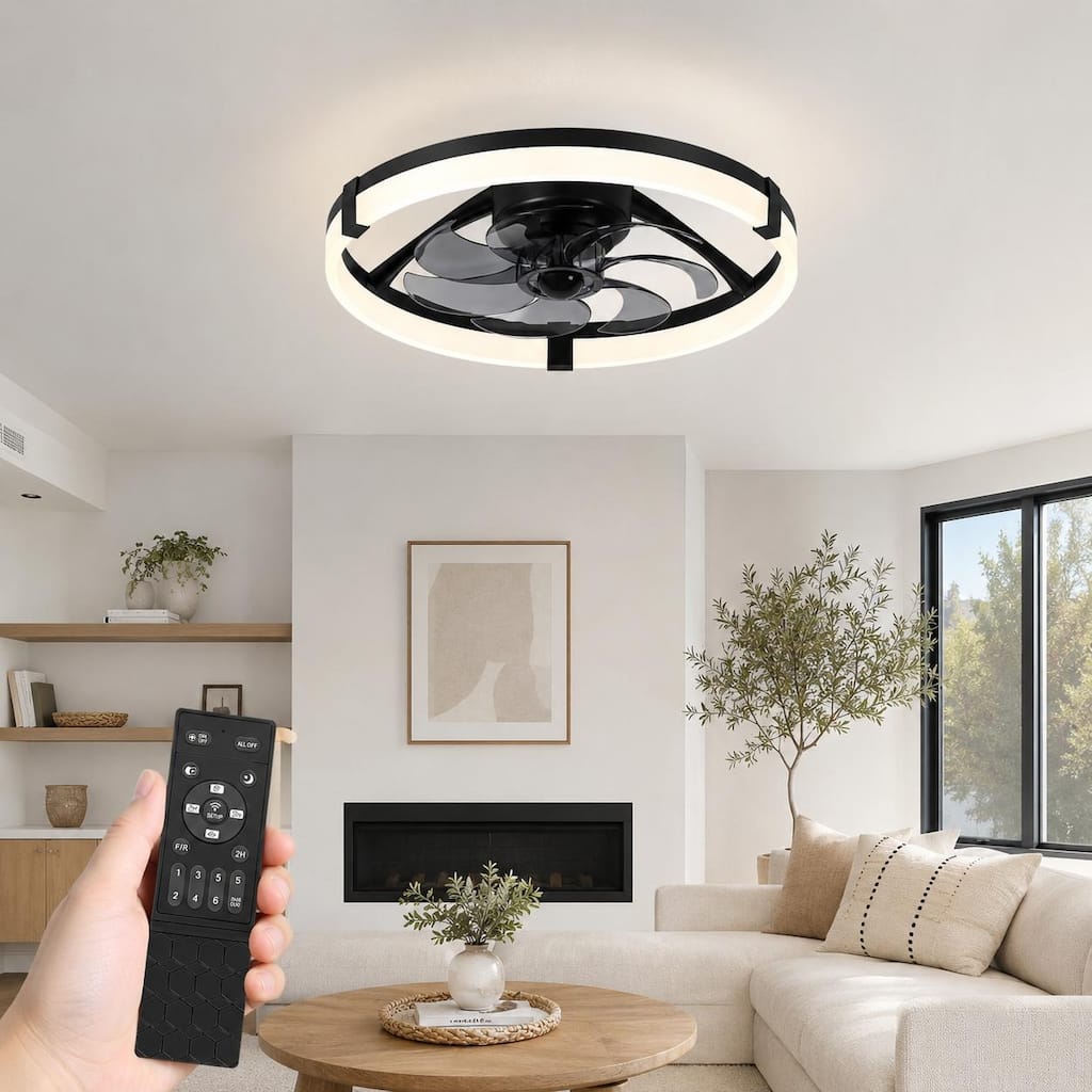 20" Caged Ceiling Fan with Light,Dimmable LED,Flush Mount,DC Motor,6 Speeds,Remote,Reversible,Quiet,7 Blades