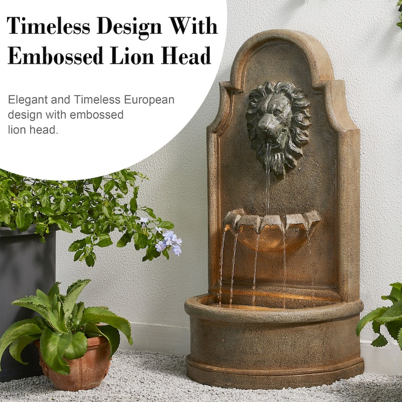 Glitzhome 31.75"H Oversized 3-Tier Lion Head LED Outdoor Floor Fountain