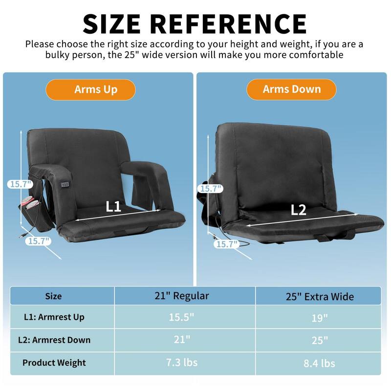DoCred Heated Folding Stadium Seat for Bleachers, Black, 2Pack - 25"