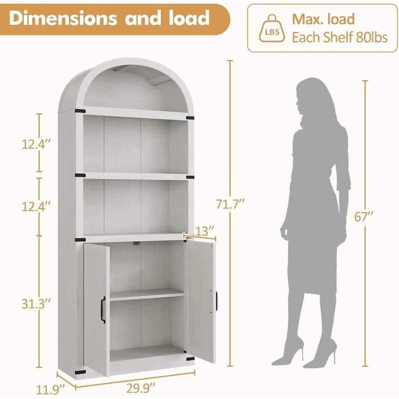 71.65" Tall Farmhouse 3-Tier Arched Bookcase, Display Storage Shelf - N/A