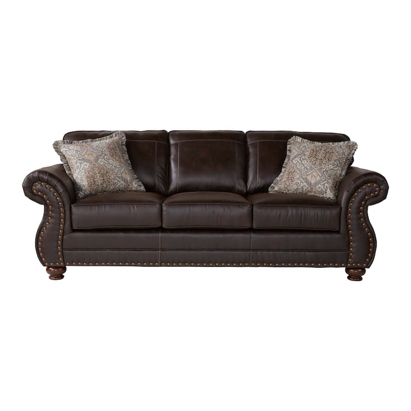 Roundhill Furniture Leinster Fabric Upholstered Nailhead Sofa, Loveseat, and Chair Set in Espresso