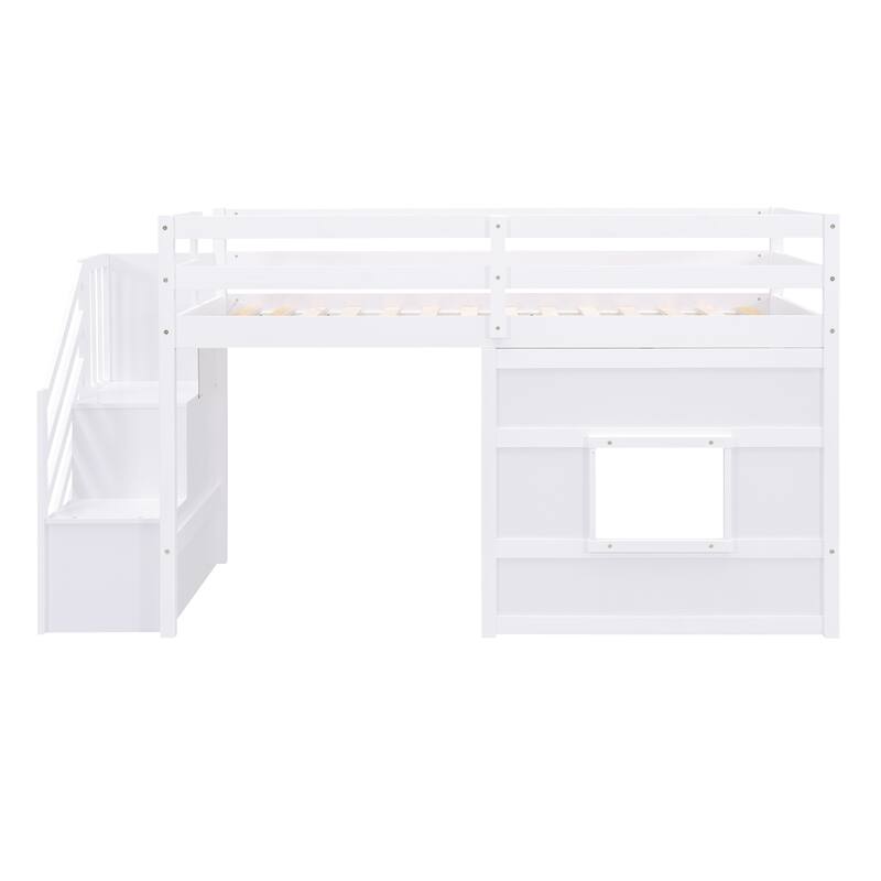 Twin Size Low Loft Bed with Storage Staircase and Window, Wooden Loft Bed Frame with Full Length Guardrail and Slat Support