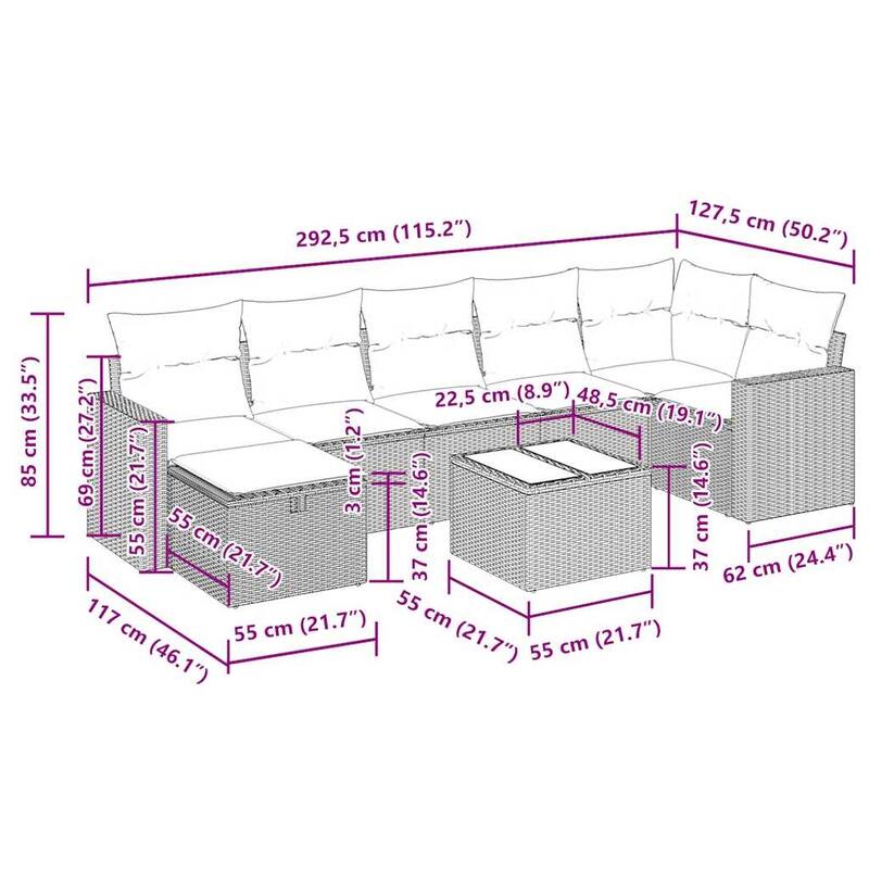 vidaXL 7 Piece Patio Sofa Set with Cushions Black Poly Rattan - 21.7 x 24.4 x 27.2