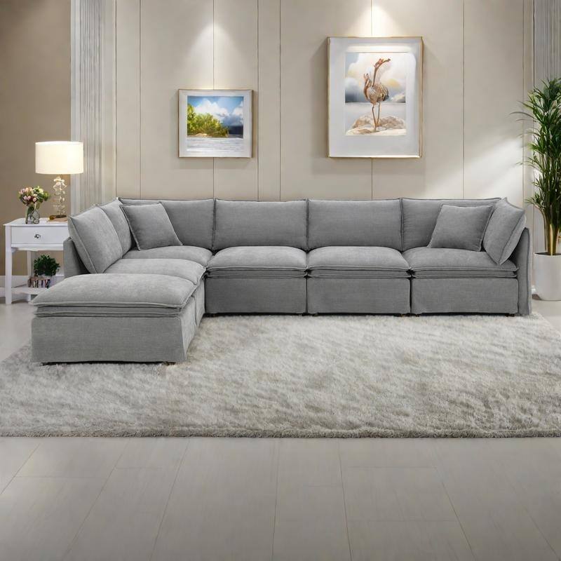125.5" Chenille Modular 6-Seat Sectional Sofa with Movable Ottoman, Cloud Foam Cushions, and Free Combination Design