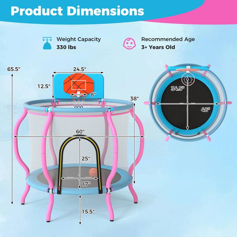Gymax 48'' Kids Trampoline Indoor & Outdoor Pumpkin Trampoline - Pink, Light Blue