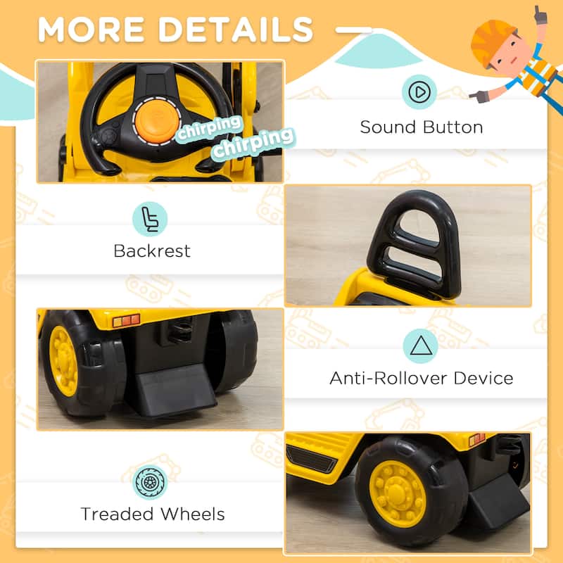 Kids Excavator Ride-On Toy with Rope Pull and Back-Up Beeps Storage Under Seat for Outdoor Play - 32.75" L x 10.75" W x 15.25" H