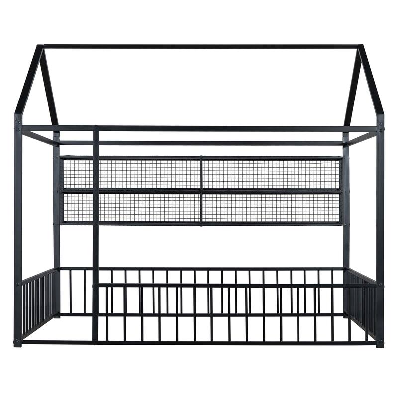 Full Size Metal House Bed Frame with Built-In Grid Shelves, Playful Canopy Design and Space-Saving Storage