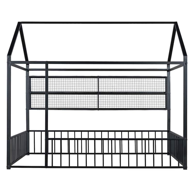 Full Size Metal House Platform Bed Frame with Storage Shelves,Fence and Shelves