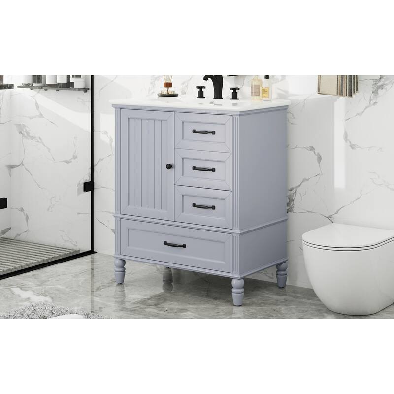 Modern Bathroom Vanity with Semilune Ceramic Sink, Storage Cabinet, and Adjustable Foot Pads - 30in L