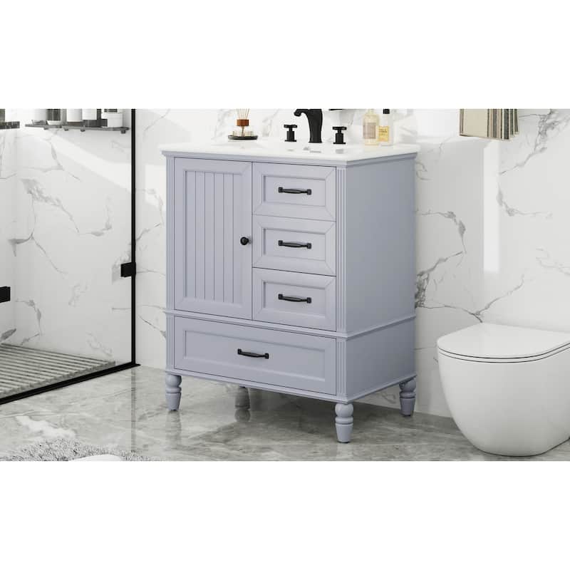 Roomfitters Bathroom Vanity with Sink, Single Door Cabinet and Three Drawers, Solid Wood Legs