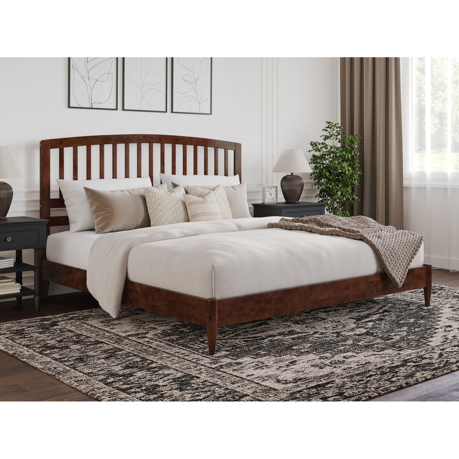 King Size Wood Platform Bed - Low Profile Modern Design, Walnut Finish