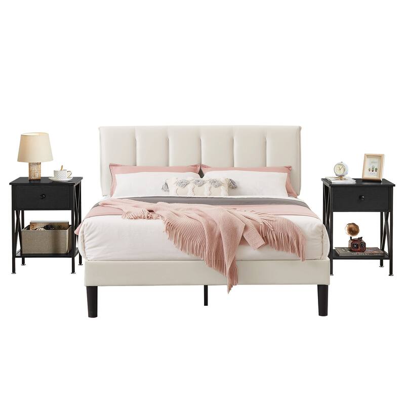 VECELO 3-Pieces Tufted Upholstered Beige Platform Bed Frame with Adjustable Height Headboard and Nightstands Set of 2