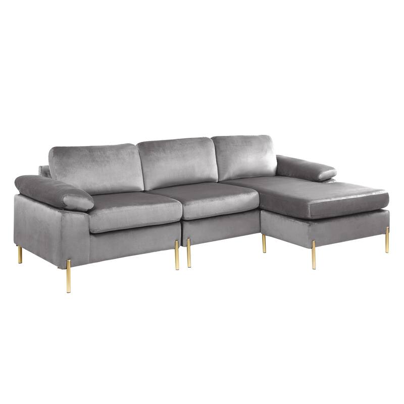 Gray Velvet Sectional Sofa with Chaise