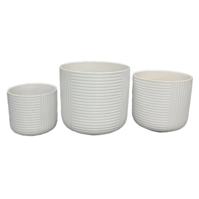 Set of 3 Ceramic Planter, Ribbed, Geometric Design, Matte White Finish - White