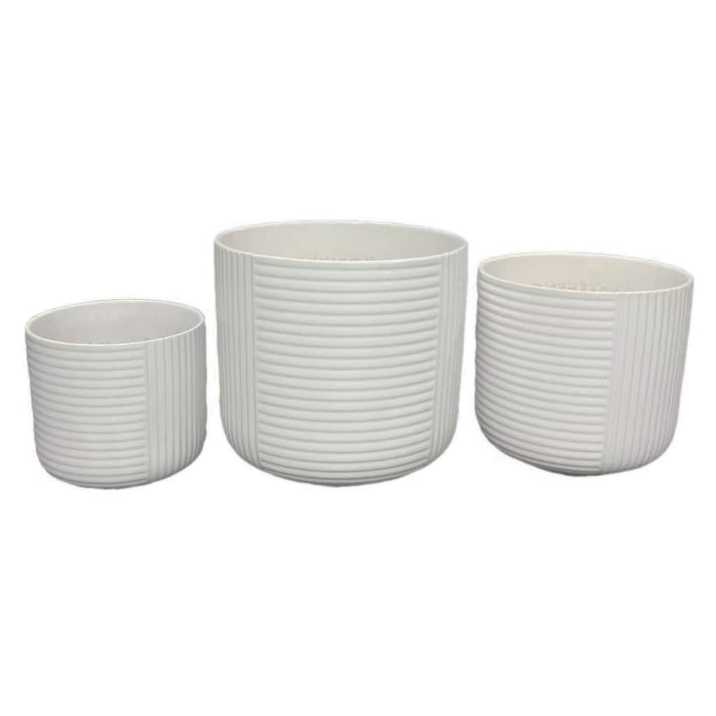 Set of 3 Ceramic Planter, Ribbed, Geometric Design, Matte White Finish