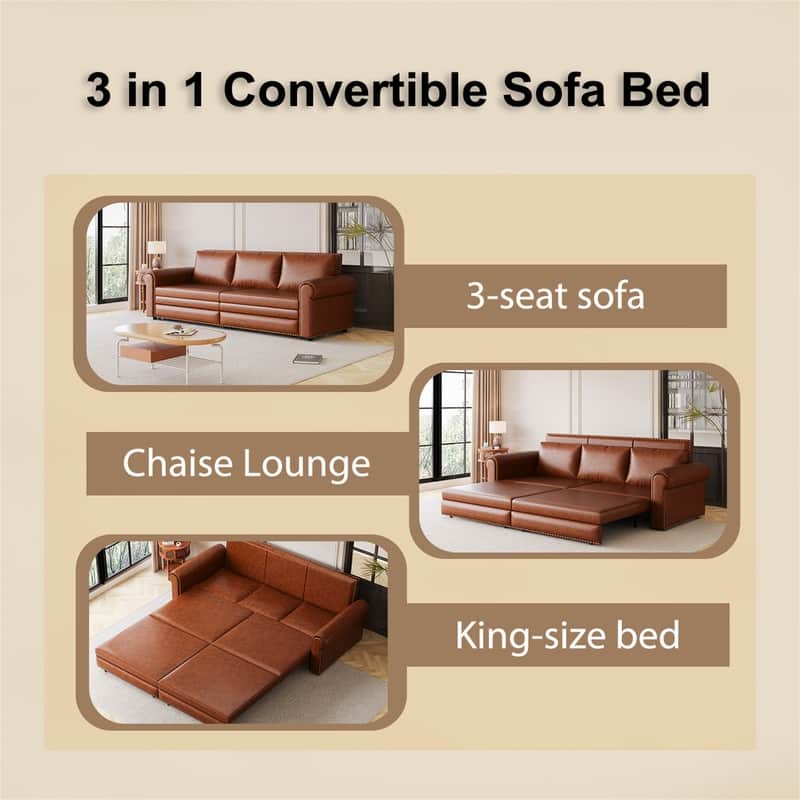 3-in-1 King Pull Out Sofa Bed Chesterfield Sofa, Velvet/Faux Leather Convertible Sleeper Sofa with Nailhead Trim & Rolled Arm