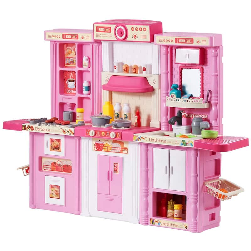 74 Piece 3-in-1 Pink Kids Kitchen Playset Toy Perfect for Group Play - 50" (L) x 11" (W) x 35" (H)