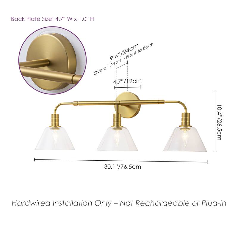 3-Light Modern Brass Bathroom Vanity Light with Clear Glass Shades - Gold Finish Wall Sconce for Bathroom Mirror - 3 Light