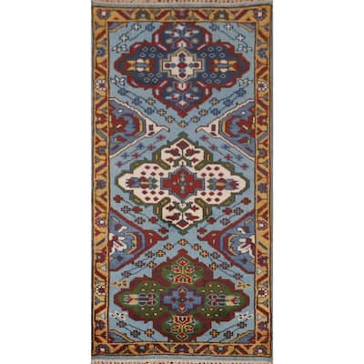 Blue Geometric Kazak Oriental Foyer Rug Handmade Wool Carpet - 2'7"x 5'9"