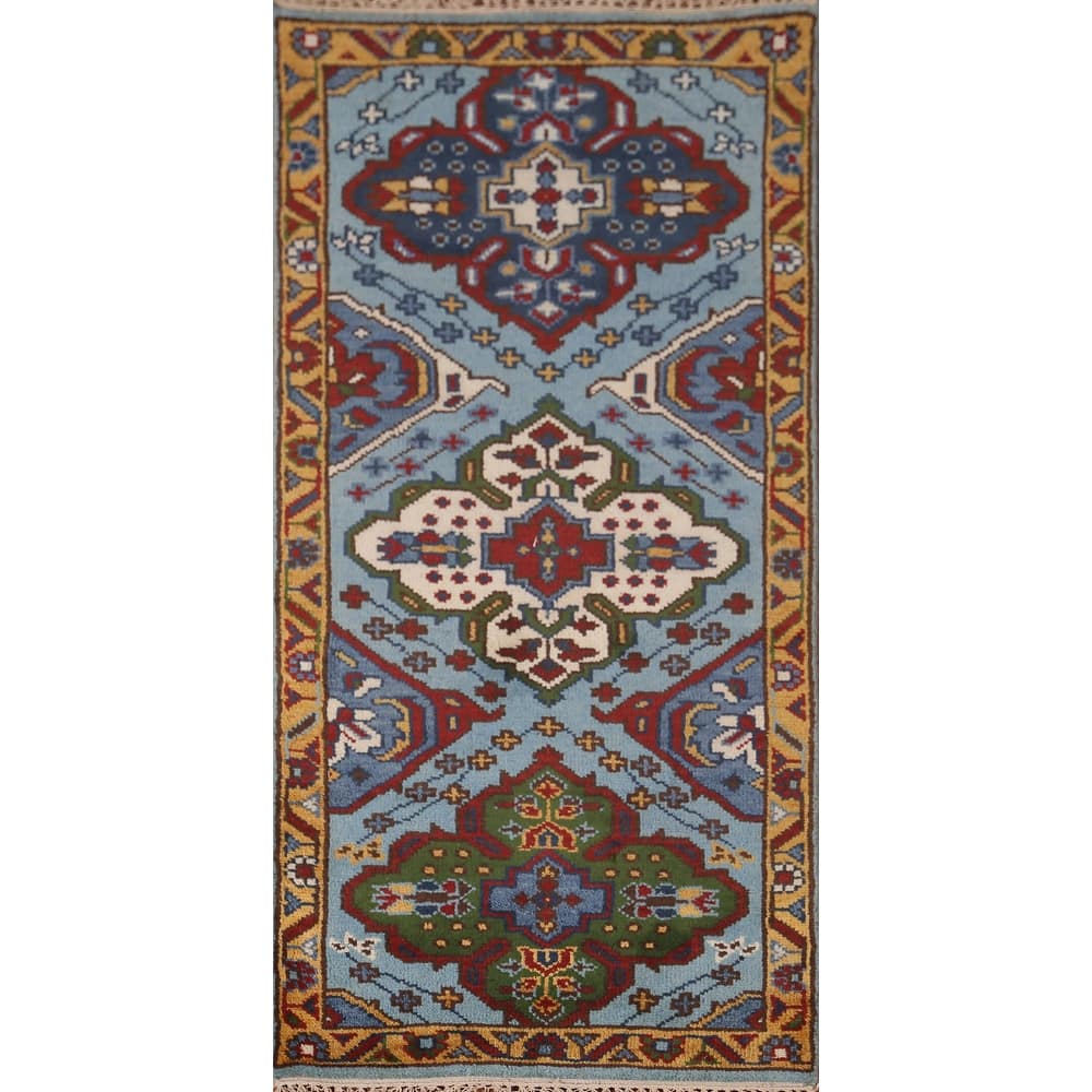 Blue Geometric Kazak Oriental Foyer Rug Handmade Wool Carpet - 2'7"x 5'9"