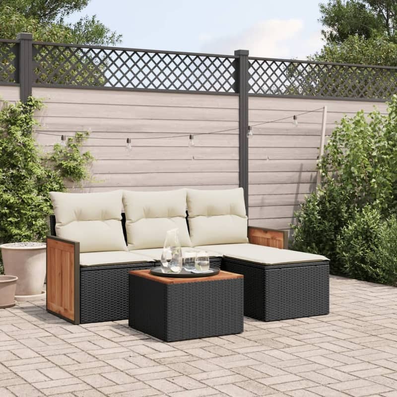 vidaXL Patio Sofa Set with Cushions Outdoor Conversation Furniture Poly Rattan - 21.7 x 21.7 x 14.6 in - Black and cream with table