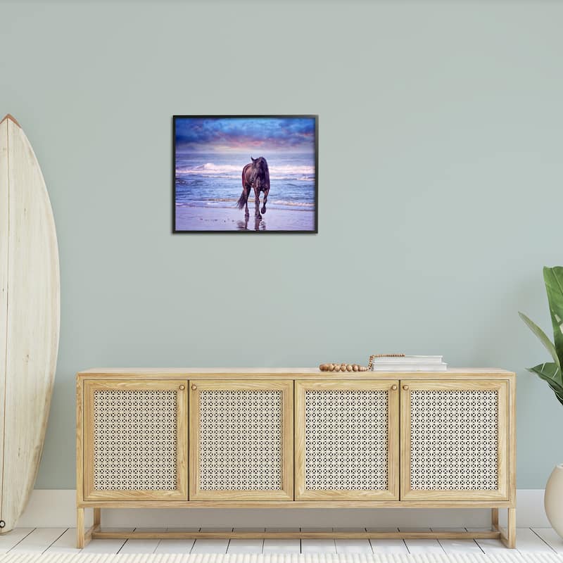 Stupell Wild Horse on Beach Colorful Blue Sunset Framed Giclee Texturized Art by PHBurchett