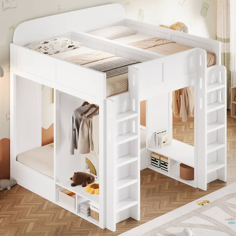 Roomfitters Triple Bunk Bed with Twin, Twin and Twin XL Beds, Storage Shelves and Hooks - White - Twin