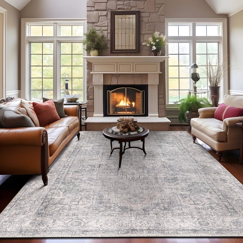 World Rug Gallery Distessed Medallion Machine Washable Area Rug - 10' x 14' - Rectangle