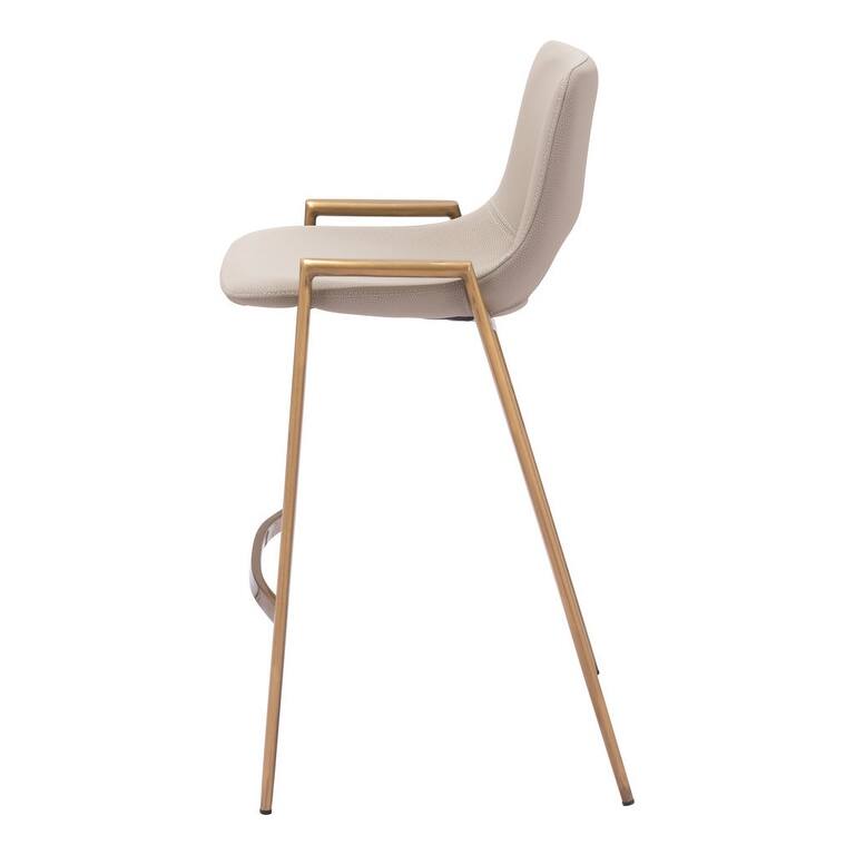 Set of Two 26" Beige And Gold Faux Leather And Steel Low Back Counter Height Bar Chairs