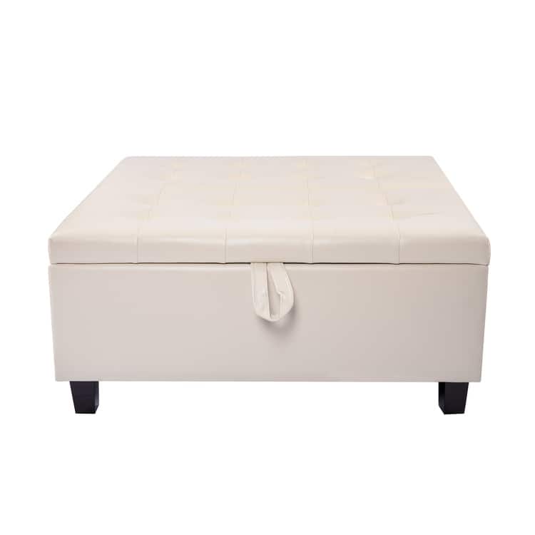 35-Inch Air Leather Tufted Upholstered Lift-Top Ottoman Bench, Large Square Storage Coffee Table for Living Room