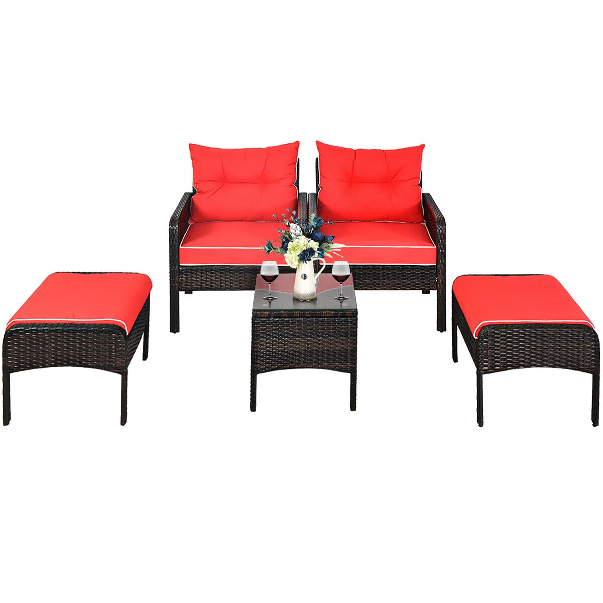 Costway 5 Pcs Patio Rattan Furniture Set Sofa Ottoman Table Cushioned Overstock 16501364