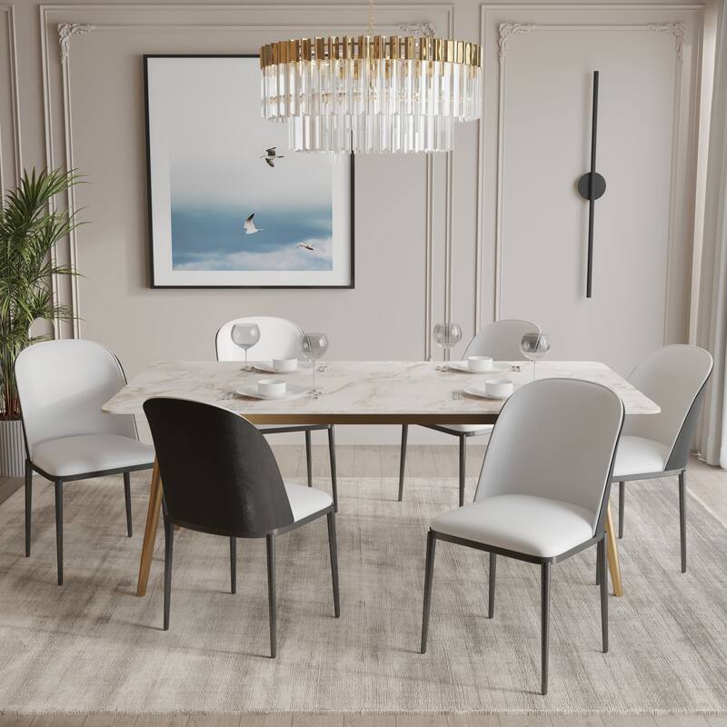 Zayle 7-Piece Dining Set 55-Inch Rectangular White Sintered Stone Dining Table and 6 Dining Side Chairs