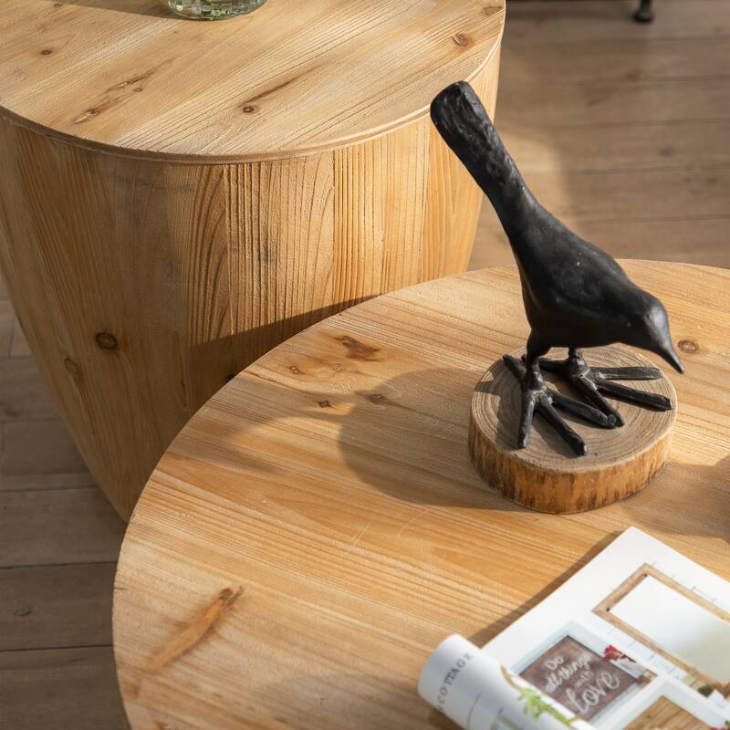GDFStudio Cael Barrel Wood Coffee Table with Hollow Storage