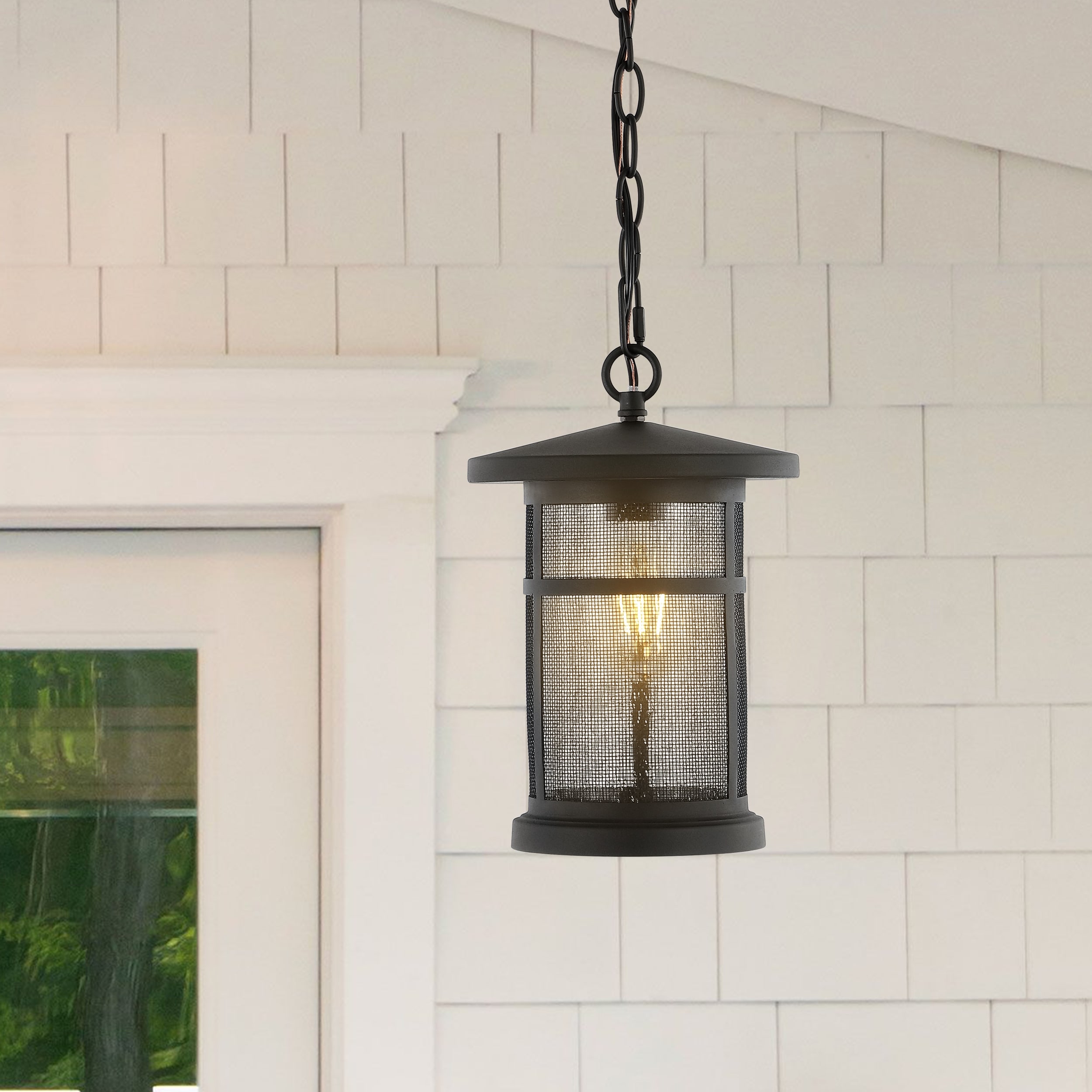SAFAVIEH Lighting Osprey 8-Inch Outdoor Metal Pendant Light, Black - 8" W x 8" D x 17-89" H