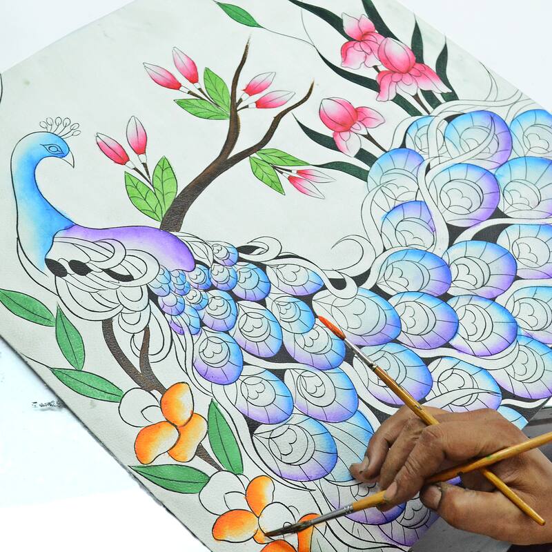 Handpainted Leather Ladies Organizer Wallet On a String - Midnight Peacock