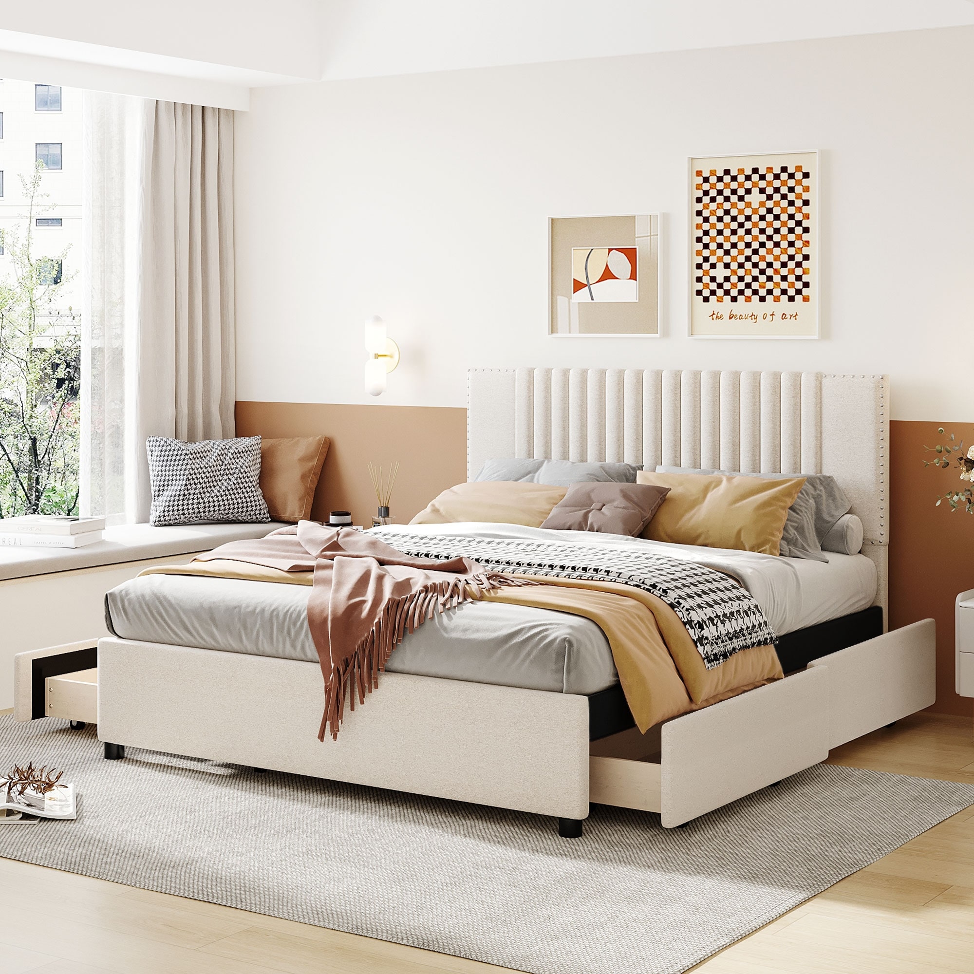 Queen Size Linen Upholstered Platform Bed with Nailhead Trim Queen Size Linen Upholstered Platform Bed with Nailhead Trim