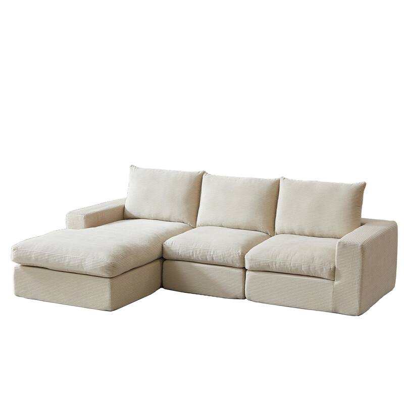 L-Shaped Sectional Sofa with Chaise Lounge, Corduroy Upholstered Boneless Couch, Module Corner Sofa with 3 Pillows