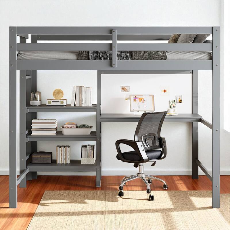 Twin Size Wooden Loft Bed with Desk, Shelves and Writable Board, Space Saving Work and Sleep Station - Grey - Twin