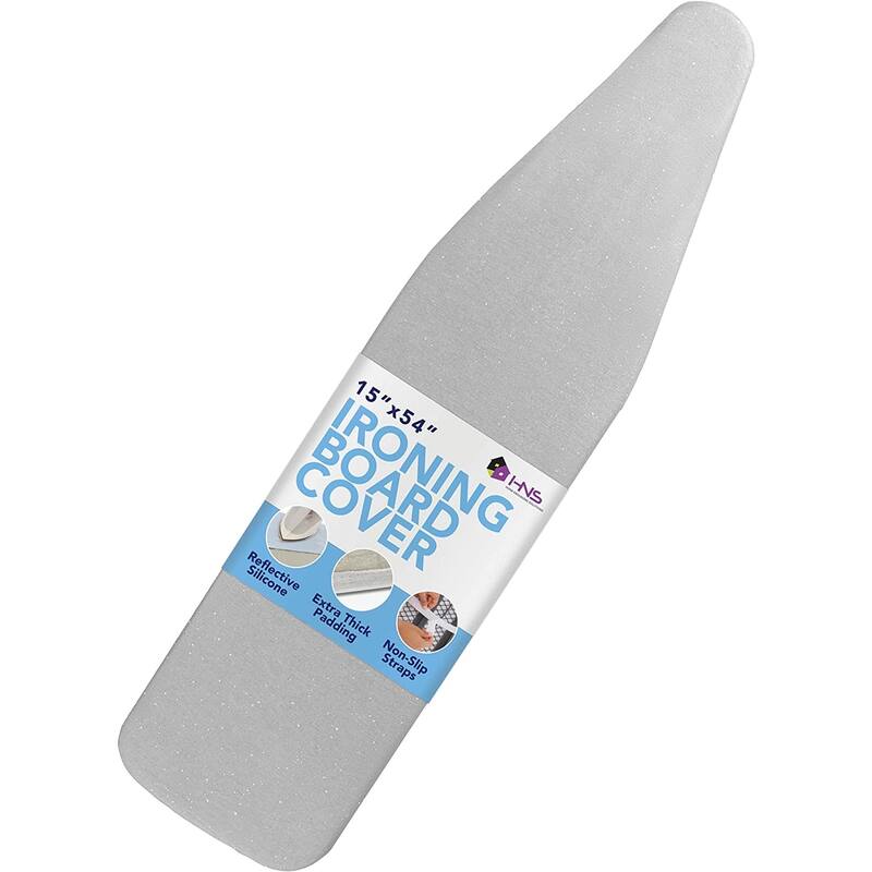 Ironing Board Cover and Pad- 54" x 15" Reflective Silicone Resists Scorching, Burning, and Staining - Elastic Edge and Straps - Grey