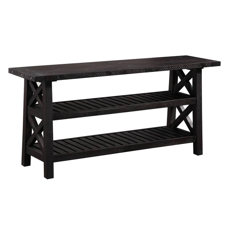 Slatted Two Tier Console table with Cross Side Panels, Rustic Cafe Brown