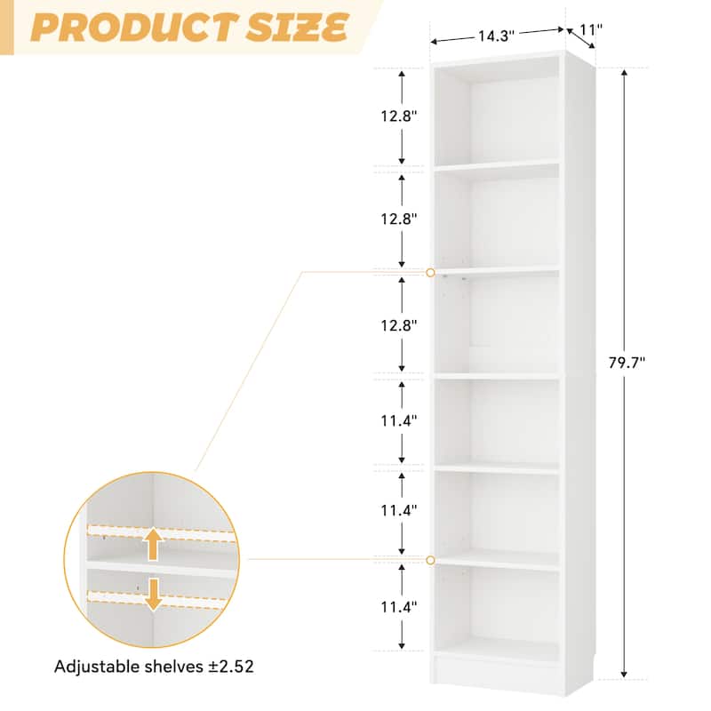 80"H Tall 6-Tier Bookcase With 2 Adjustable Shelves，Modern Open Storage Shelf for Home Office and Bedroom