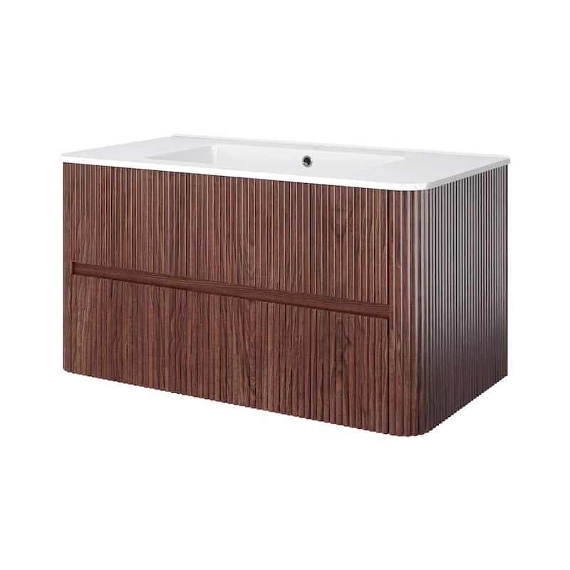 Wall-Mounted Bathroom Vanity in Walnut with Integrated White Ceramic Sink