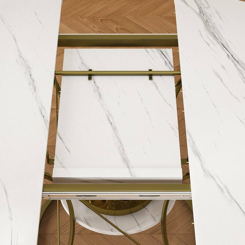 43.31" Round Extendable Wooden Dining Table with Storage Shelf and Metal Base