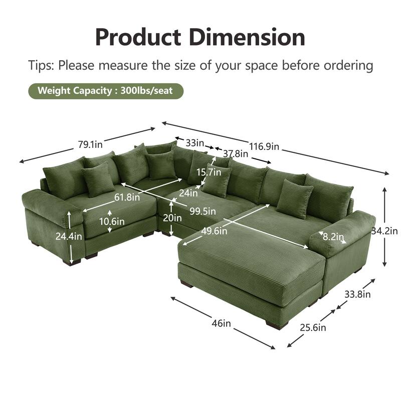 GDFStudio - Corduroy 5-Seater 116.9" Cloud Modular Sectional Couch with Ottoman