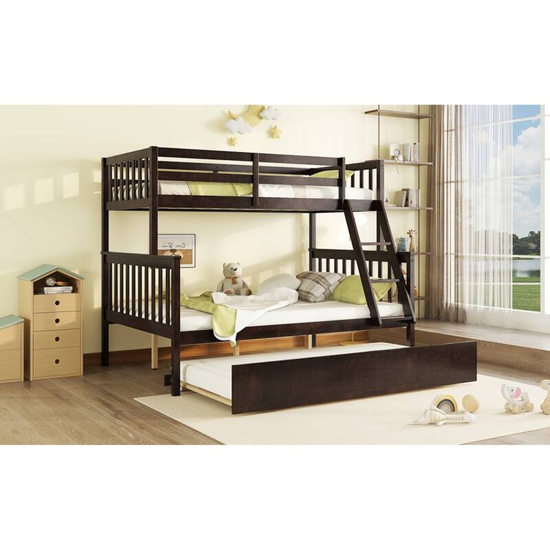 Roomfitters Twin Over Full Rubber Wood Bunk Bed with Trundle, Detachable Convertible Bunk Bed with Ladder and Guardrails