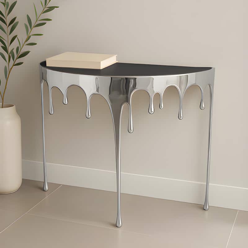 Capri Sofa Console Table, 36.25" Half Moon Glass Top, Melting Drip Design Aluminum Cast Silver