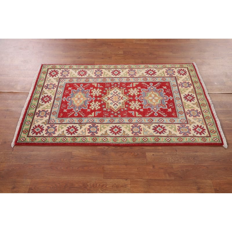 Geometric Kazak Foyer Rug Hand-Knotted Oriental Red Wool Carpet - 2'7" x 4'2"