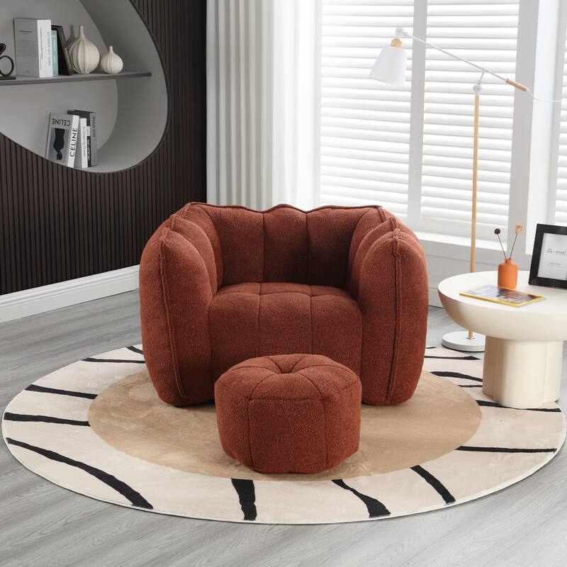 Modern Chenille Bean Bag Chair with Ottoman, Set of 1 - Orange