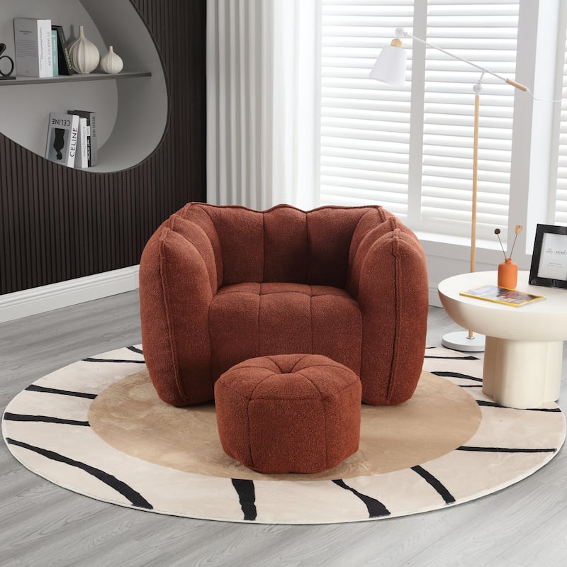 Red+Brown Modern 42.5" Chenille Upholstered Buttons Tufted Accent Chair with Ottoman for Living Room - Red+Brown
