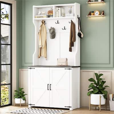 Farmhouse 4-in-1 Hall Tree with Barn Doors, Movable Bench with 7 Hanging Hooks and Shoe Storage Cabinet